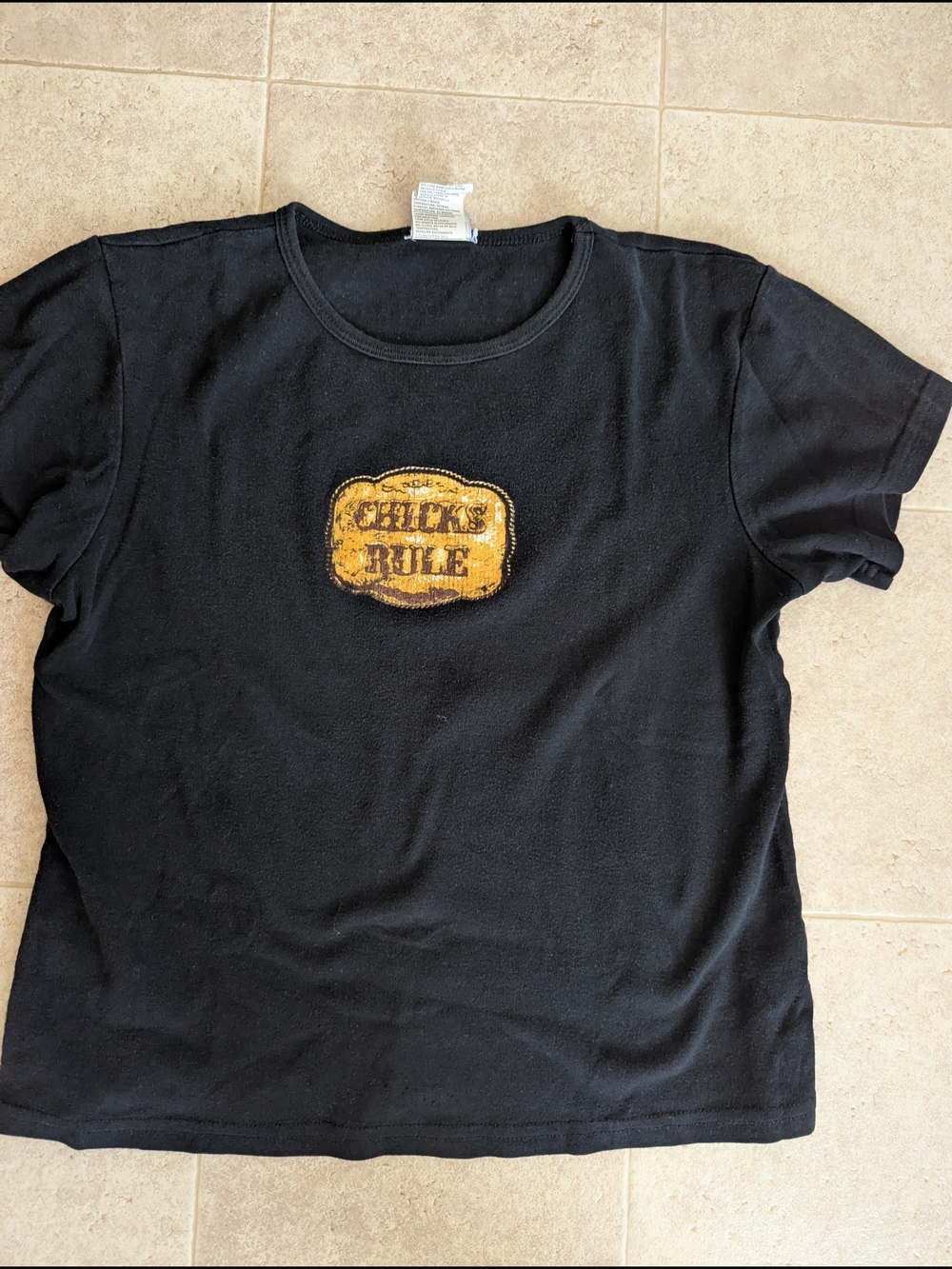 Women's Black Graphic Tee with Yellow "Chicks Rule" Patch